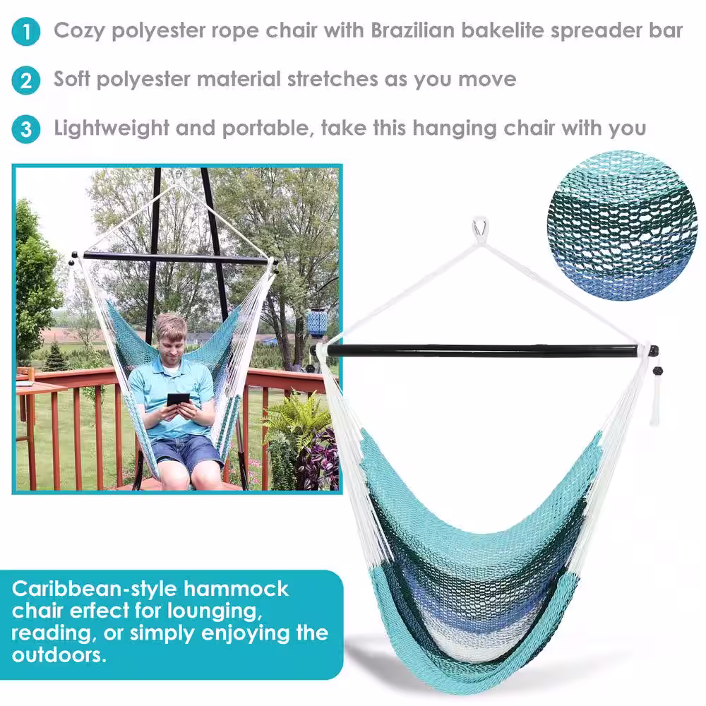 Sunnydaze Decor Sunnydaze 2.3 ft. Polyester Caribbean Hanging Hammock Chair - Lagoon Stripes