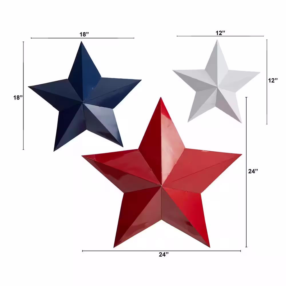 Nearly Natural 12 in., 18 in. and 24 in. Americana Farmhouse Red, White and Blue Metal Stars Wall Decor Set (Set of 3)