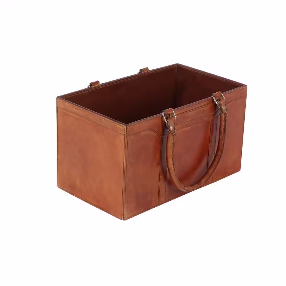 Litton Lane Brown Handmade Box Style Standing Magazine Holder with Detail Stitching and Curved Handles