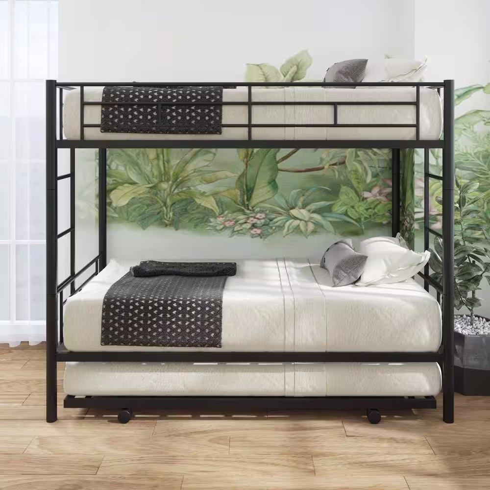 Magic Home Black Twin Over Twin Bunk Bed With Trundle