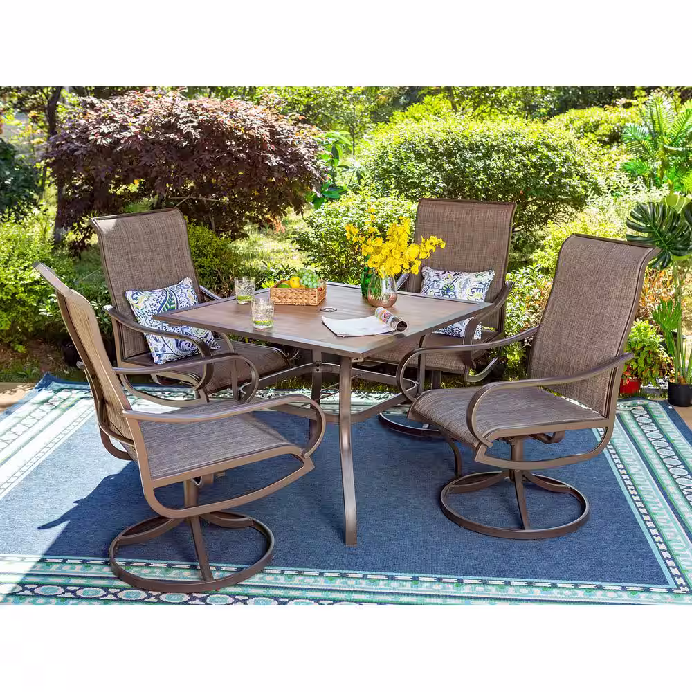 None Brown 5-Piece Metal Square Patio Outdoor Dining Set with Wood-Look Table and Textilene Swivel Chairs