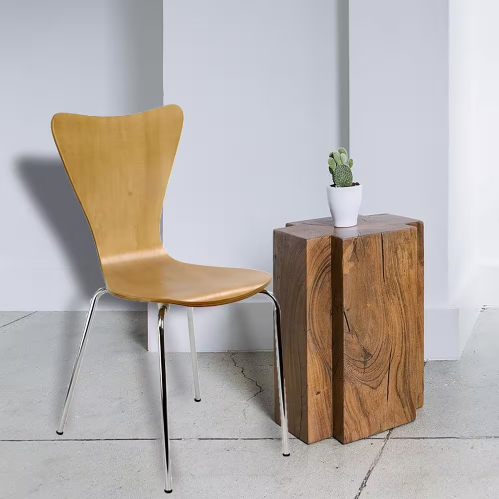 Legare Bent Plywood Natural Wood Stack Chair with Chrome Plated Metal Legs