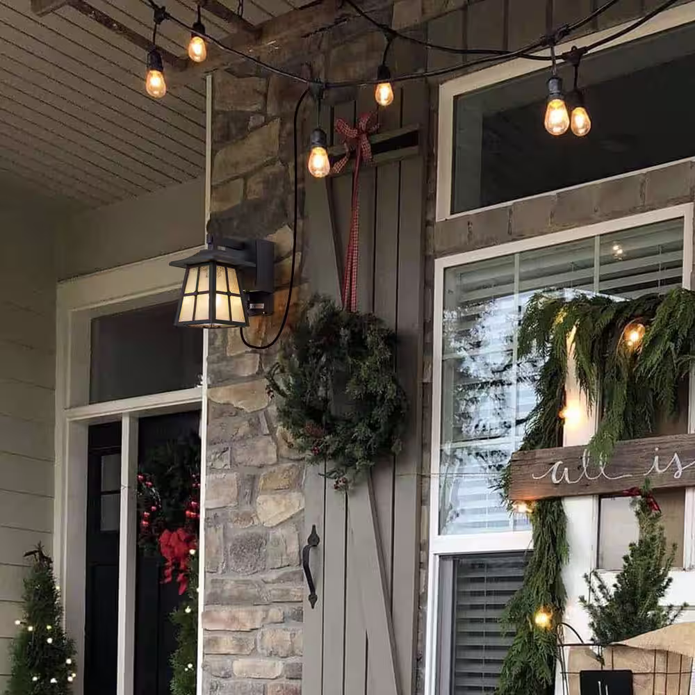 None 1-Light Matte Black Aluminum Hardwired Outdoor Wall Lantern Sconce with Seeded Glass and Built-In GFCI Outlets