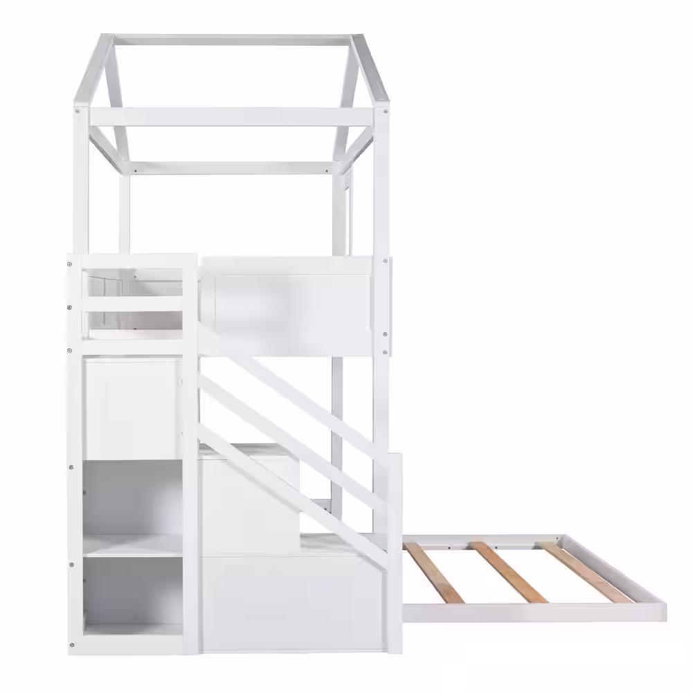 Qualler White Twin Over Full House Bunk Bed With Storage Staircase and Blackboard