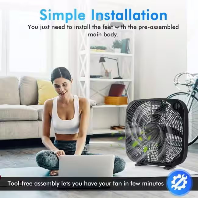 Aoibox 20 Inch 3 Speed Portable Floor Fan Box Fan in Black with Knob Control