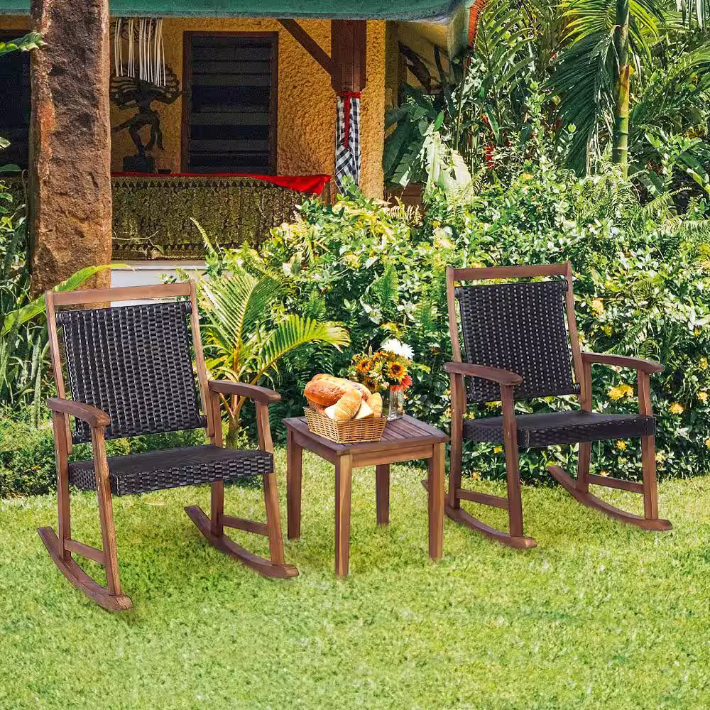HONEY JOY 3 -Pieces Wicker Patio Bistro Set Outdoor Rocking Chairs and Table Set Rustic Brown