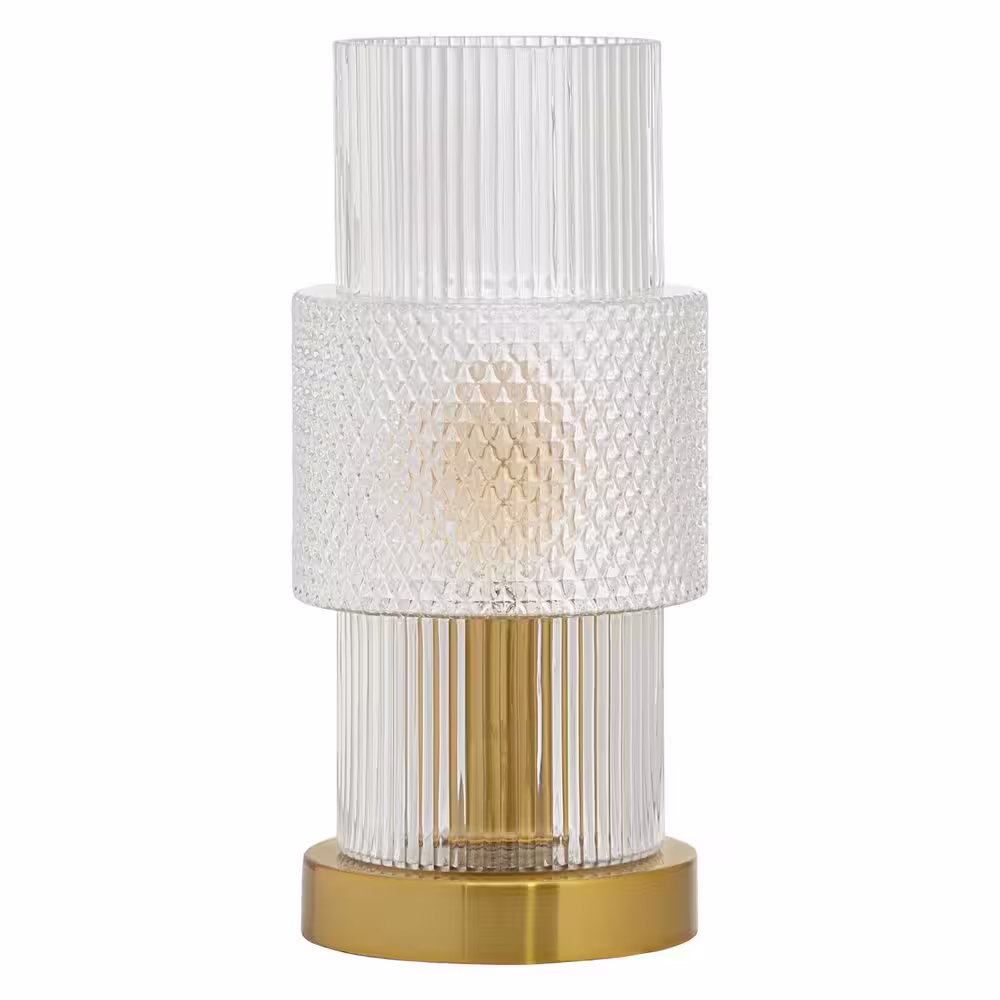 River of Goods Marilee 10.625 in. Brushed Gold-Colored Pillar Table Lamp with Cylindrical Textured Clear Glass Shade