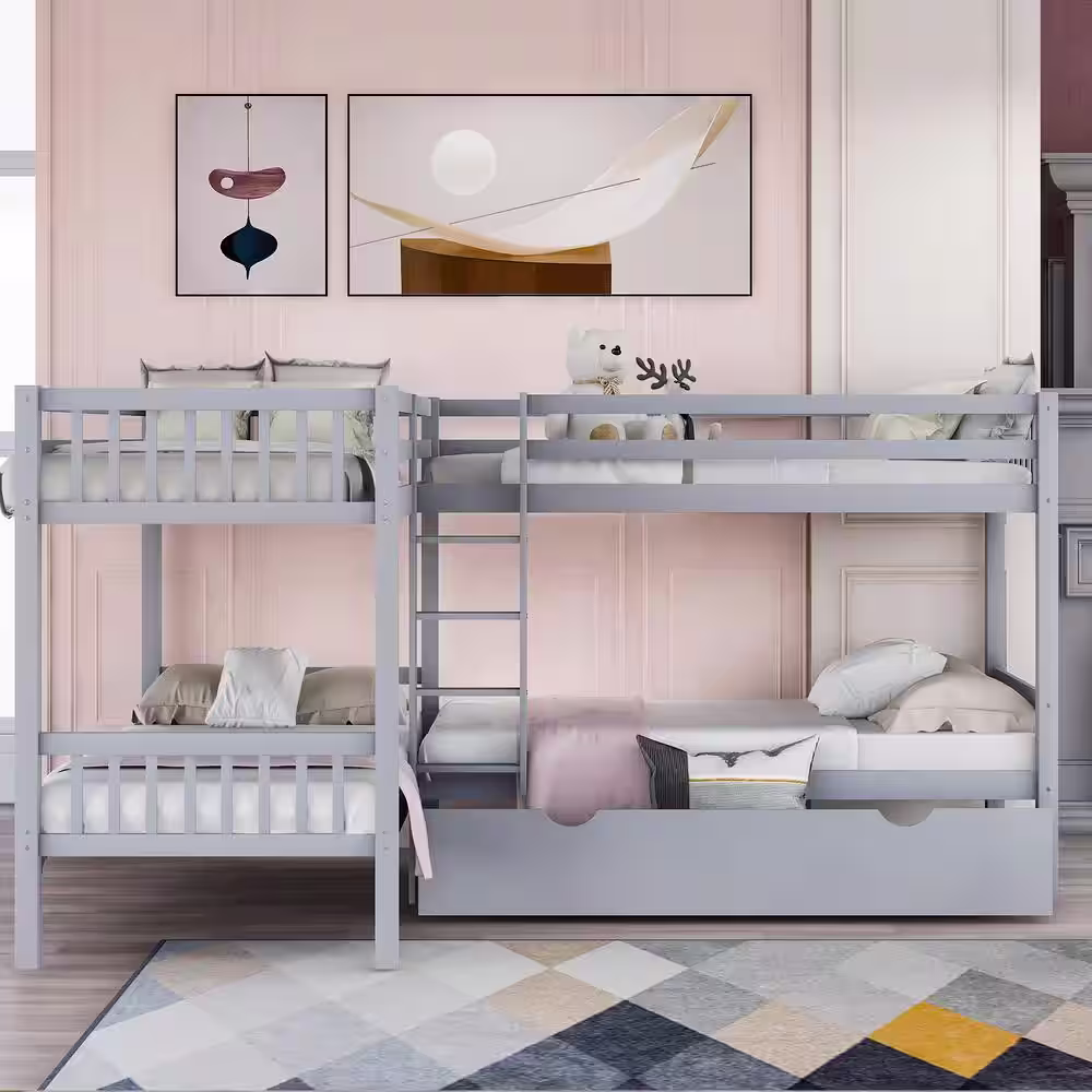 None Gray L-Shaped Bunk Beds for 4, Twin Over Twin Bunk Bed with Drawers, Solid Wood Twin Size Bunk Bed Fram for Kids, Teens