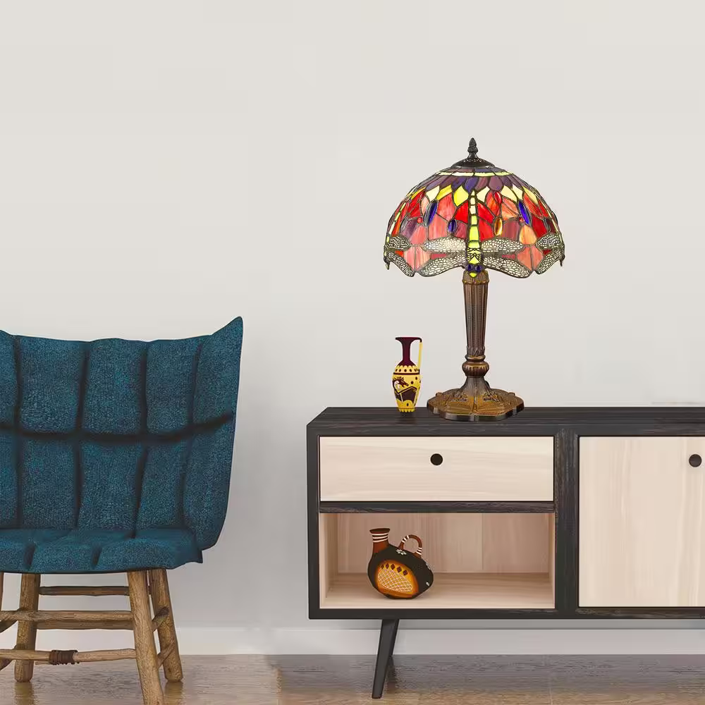WAREHOUSE OF TIFFANY Dragonfly 18 in. Bronze/Multicolored Table Lamp