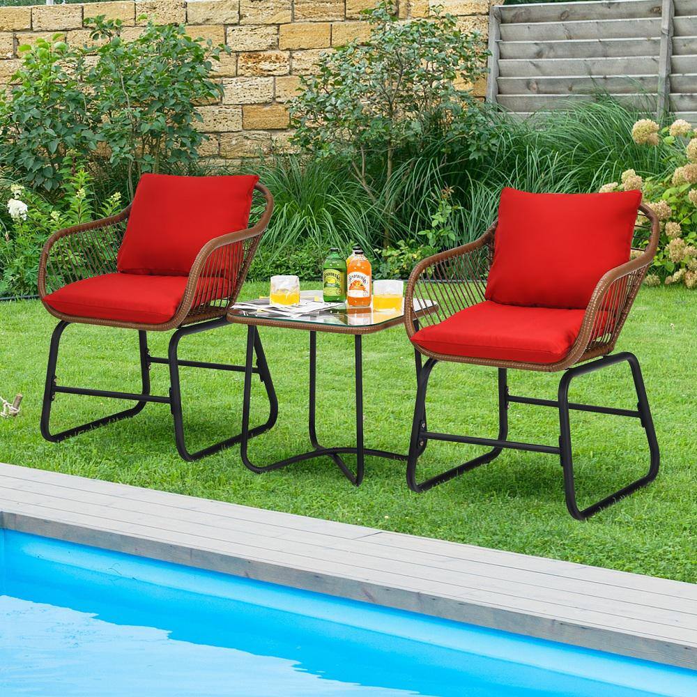HONEY JOY 3-Piece Metal Outdoor Bistro Set with 2 Armchairs and Tempered Glass Table and Red Cushions