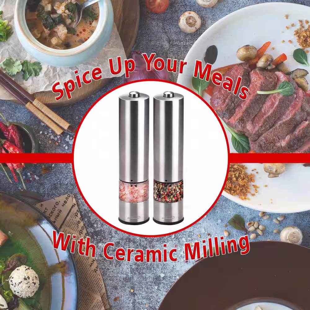 BRENTWOOD Stainless Steel Electric Salt & Pepper Adjustable Ceramic Grinders with Blue LED Light