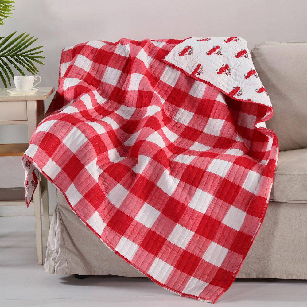 None Road Trip Red, White Plaid Holiday Quilted Cotton Throw Blanket