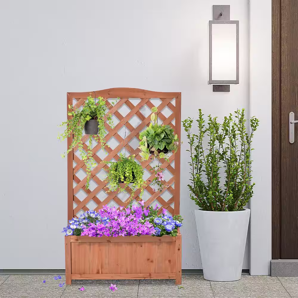 Outsunny 28 in. x 11 in. x 46 in. Brown Wood Raised Garden Bed with Trellis