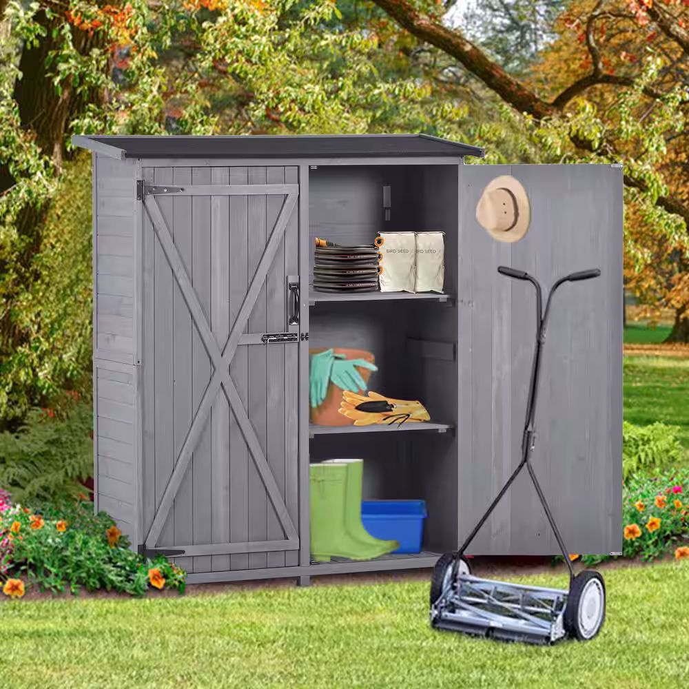 Mondawe 1.7 ft. W x 4.6 ft. D Gray Wood Shed with Waterproof Asphalt Roof Double Lockable Doors 3-tier Shelves (7.9 sq. ft.)
