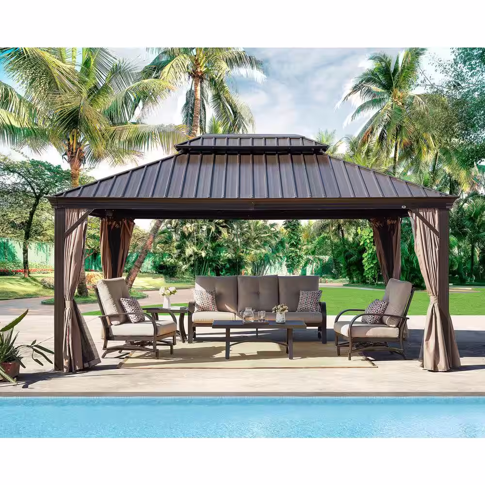 None 12 ft. x 16 ft. Aluminum Hardtop Gazebo with Galvanized Steel Roof and Mosquito Net