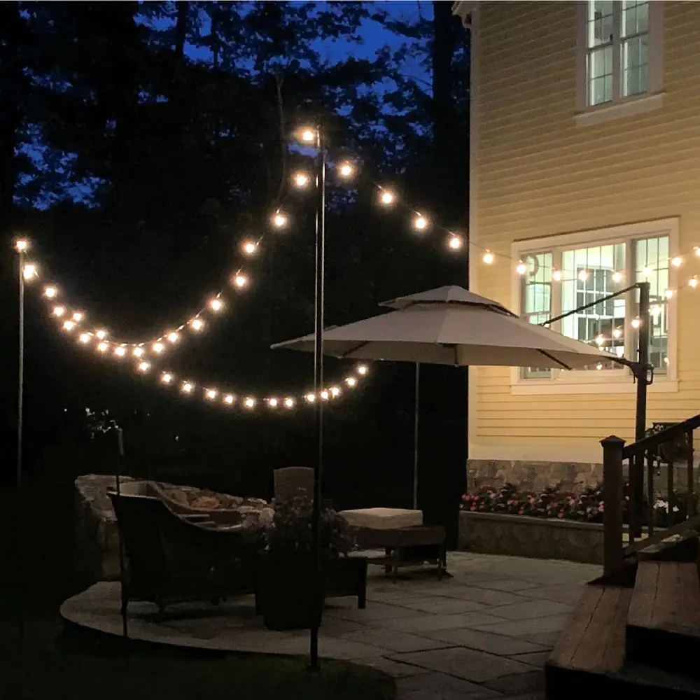 EXCELLO GLOBAL PRODUCTS Outdoor 100 ft. Plug-in Globe Bulb String Light with Four 10 ft. Mounting Poles