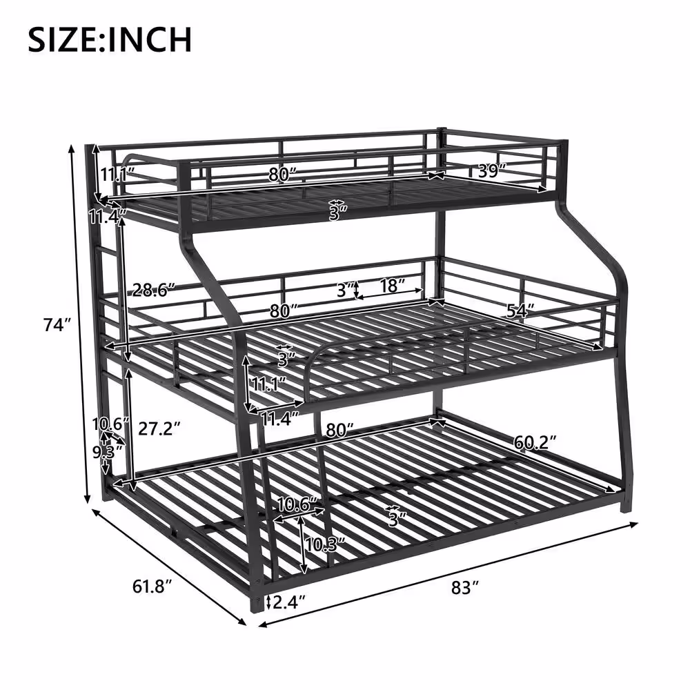 Harper & Bright Designs Black Twin XL / Full XL / Queen Size Triple Bunk Bed with Long and Short Ladder