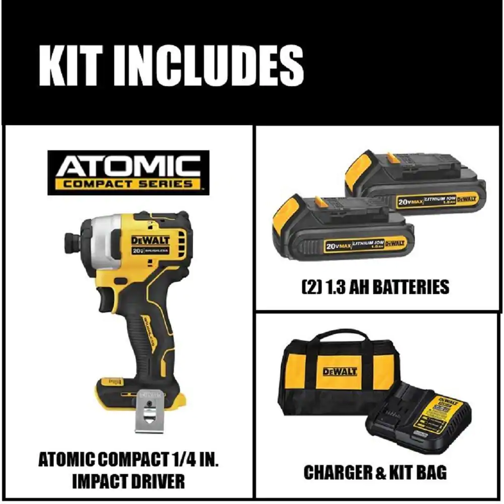 DEWALT ATOMIC 20V MAX Cordless Brushless Compact 1/4 in. Impact Driver, (2) 20V 1.3Ah Batteries, Charger, and Bag