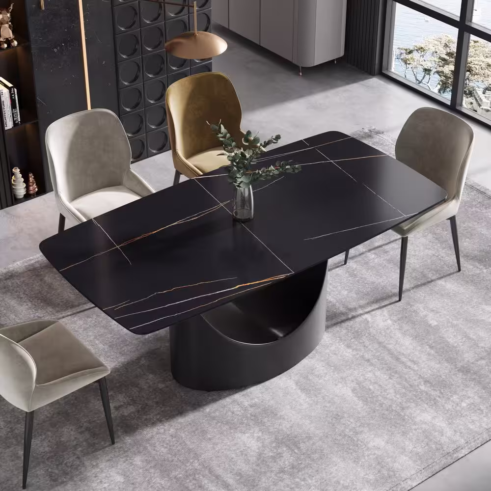 J&E Home 70.86 in. Black Rectangle Sintered Stone Tabletop Dining Table with Carbon Steel (Seats 6)