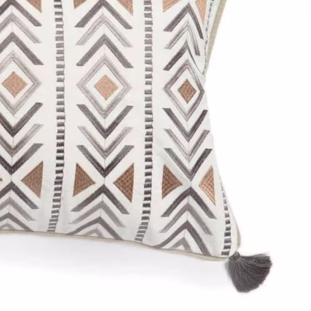 None Santa Fe Grey, Cream, Tan Embroidered Geometric Ikat Design with Corner Tassels 20 in. x 20 in. Throw Pillow