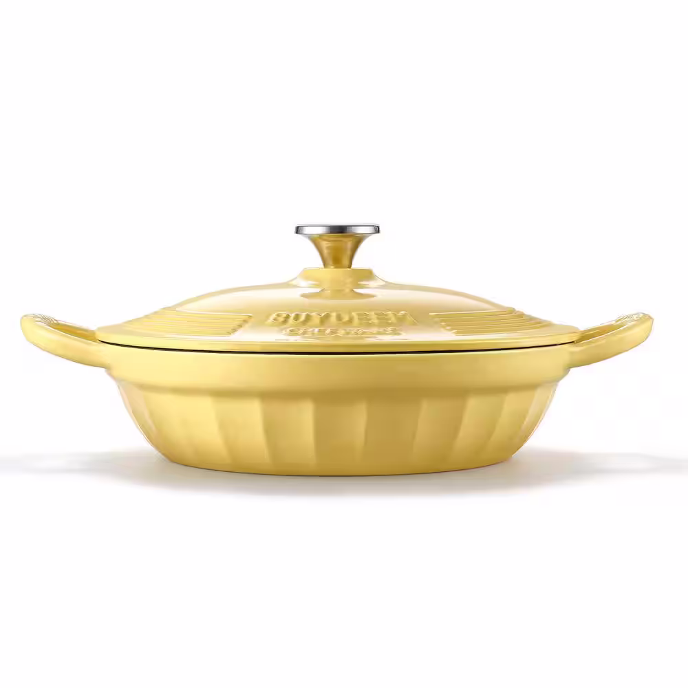 BUYDEEM 3.5 qt. Round Enameled Cast Iron Braiser Pan in Yellow with Lid, Cupcake Design with Stainless Steel Knob and Handles