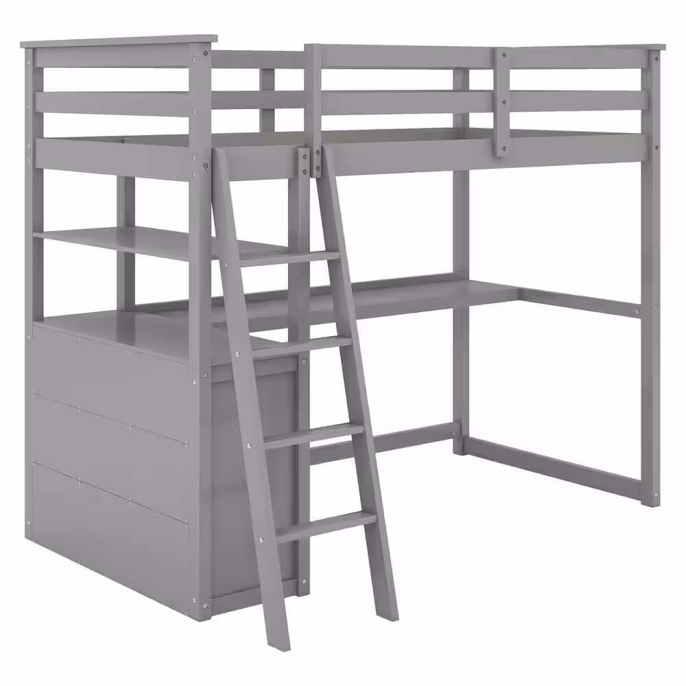 Qualler Gray Twin Size Loft Bed with Desk and Shelves