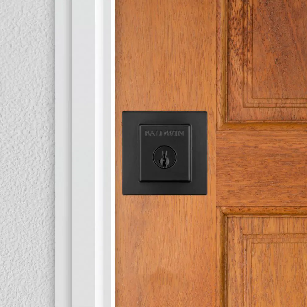 Baldwin Prestige Spyglass Matte Black Square Single Cylinder Deadbolt Featuring SmartKey Security
