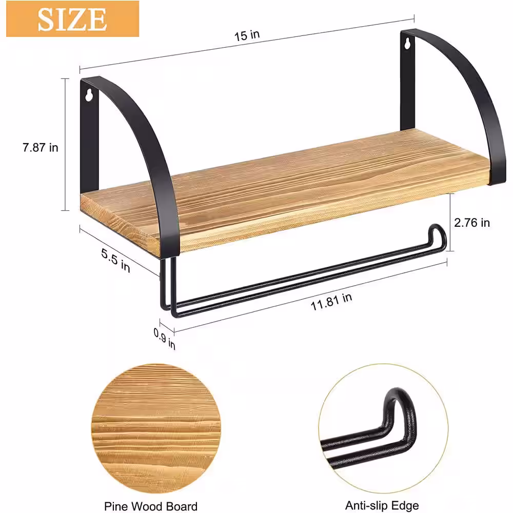 None Wall Mounted Paper Towel Holder with Wood Shelf, Light Brown
