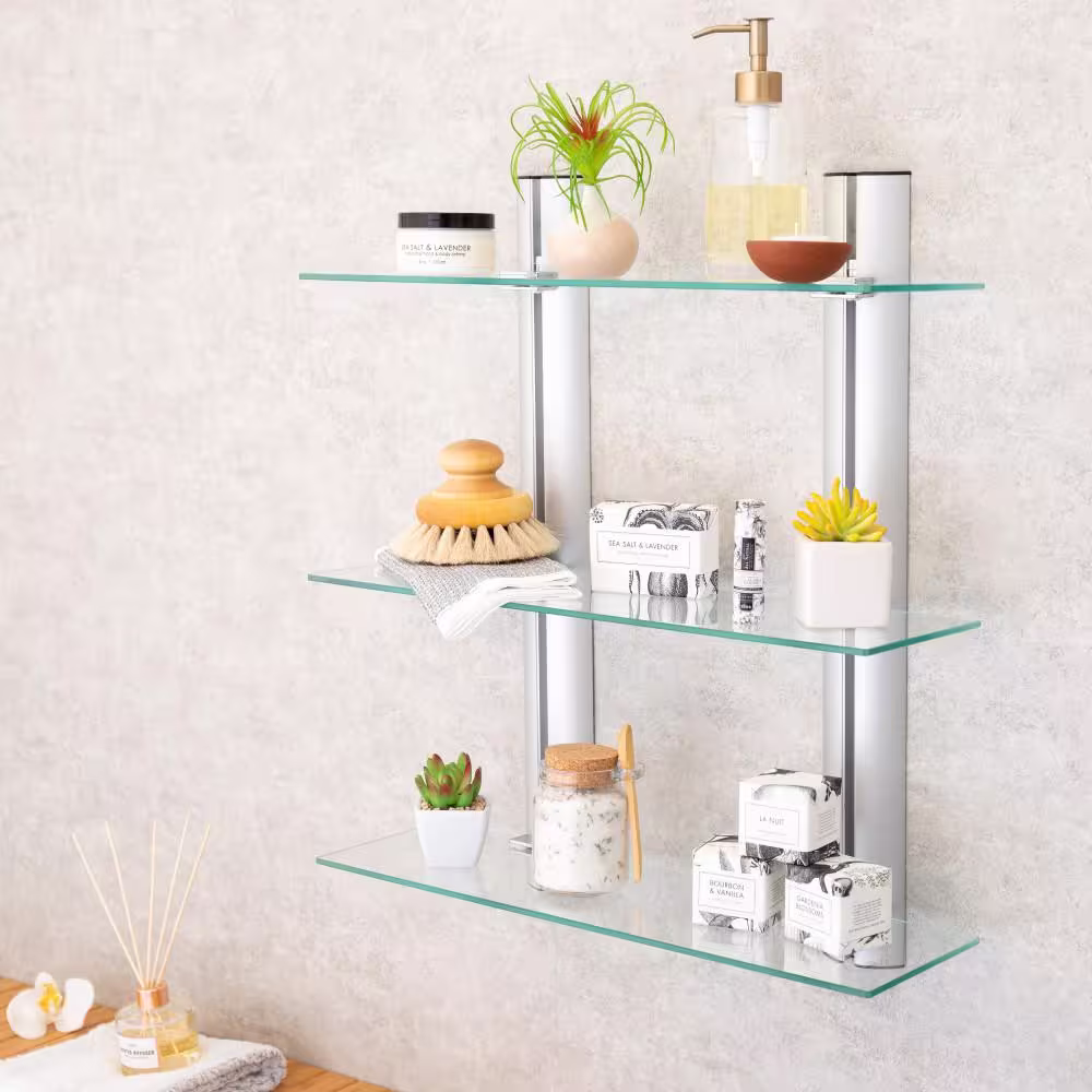 DANYA B Mindy 20 in. Floating 3-Tier Adjustable Frosted Glass Decorative Wall Shelf