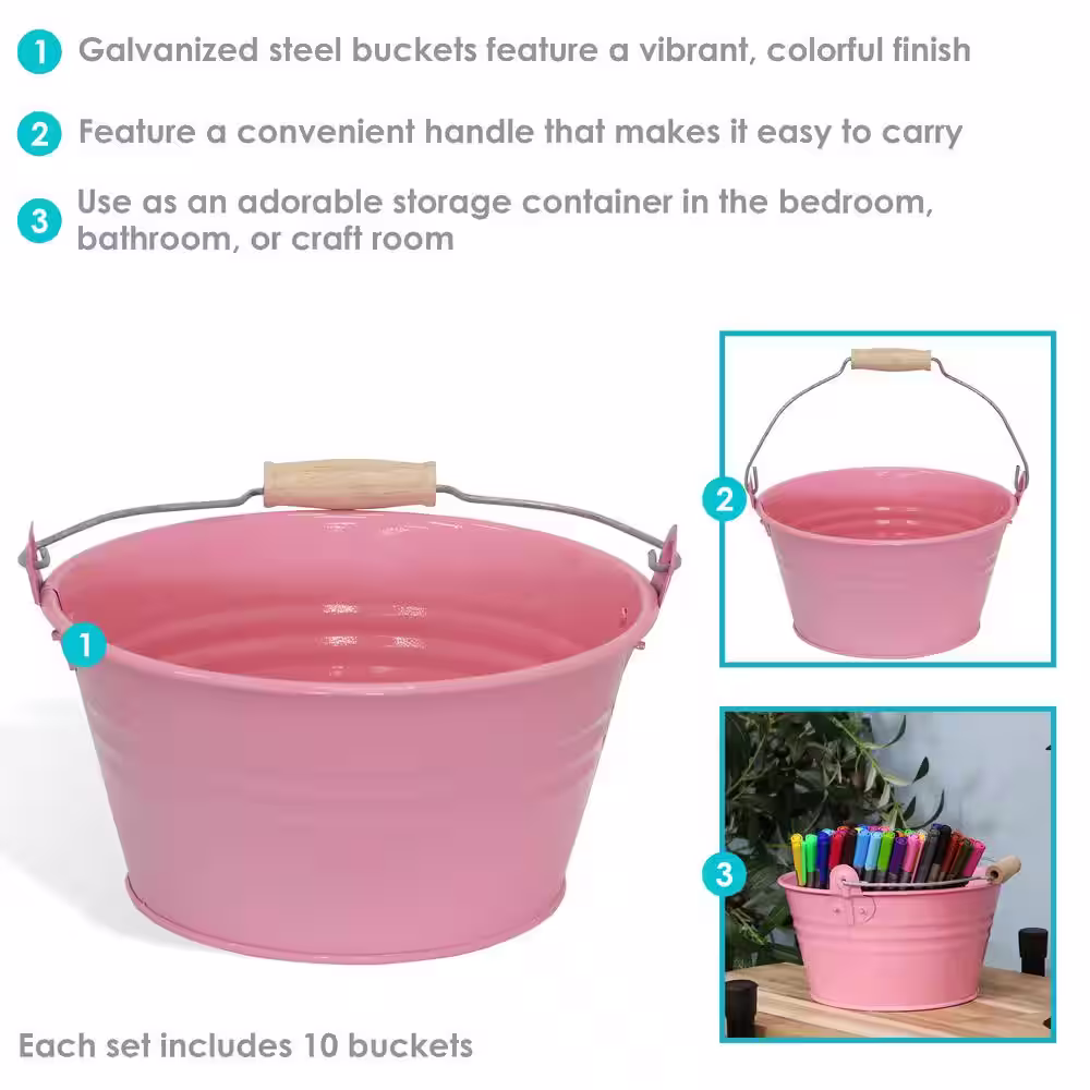 Sunnydaze Decor Galvanized Steel Bucket Planter with Handle - Pink - Set of 10