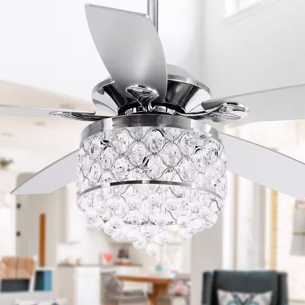 Parrot Uncle Berkshire 52 in.Modern Downrod Mount Chrome Crystal Ceiling Fan with Light Kit and Remote Control