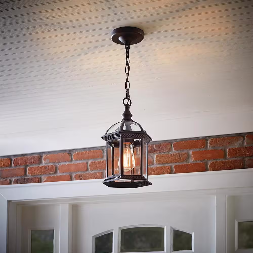 Hampton Bay Wickford 1-Light Weathered Bronze Outdoor Pendant Light Fixture with Clear Beveled Glass