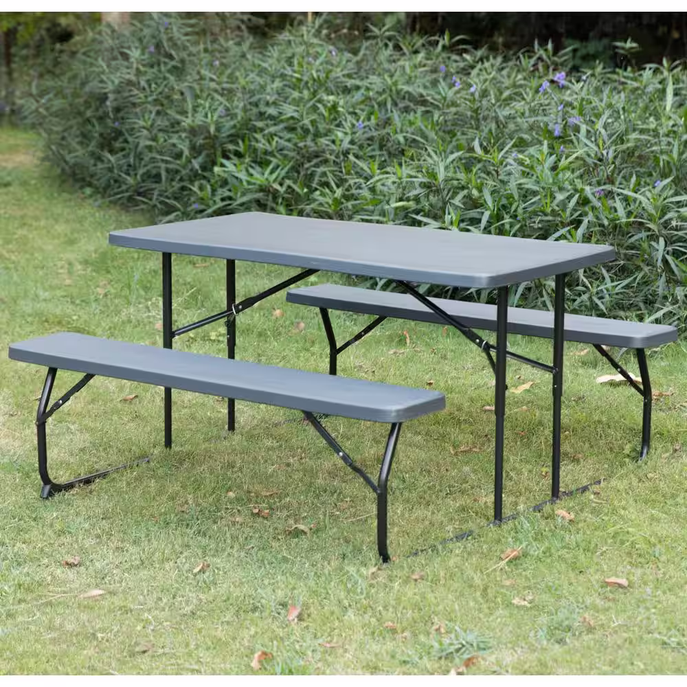 Gardenised Woodgrain Plastic and Steel Gray Outdoor Foldable Portable Picnic Table Set