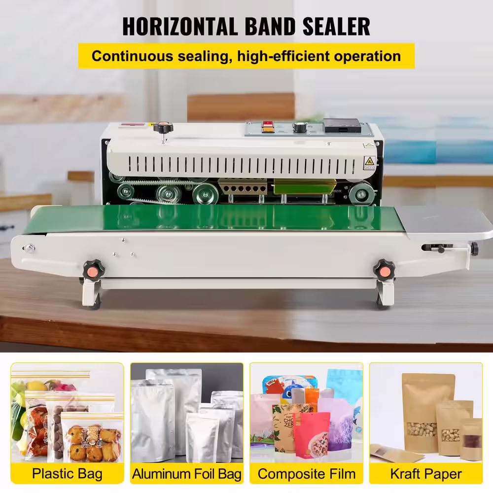VEVOR Gray Continuous Bag Sealing Machine Digital Temperature Control Horizontal Food Vacuum Sealer for 0.02-0.08 mm Bags