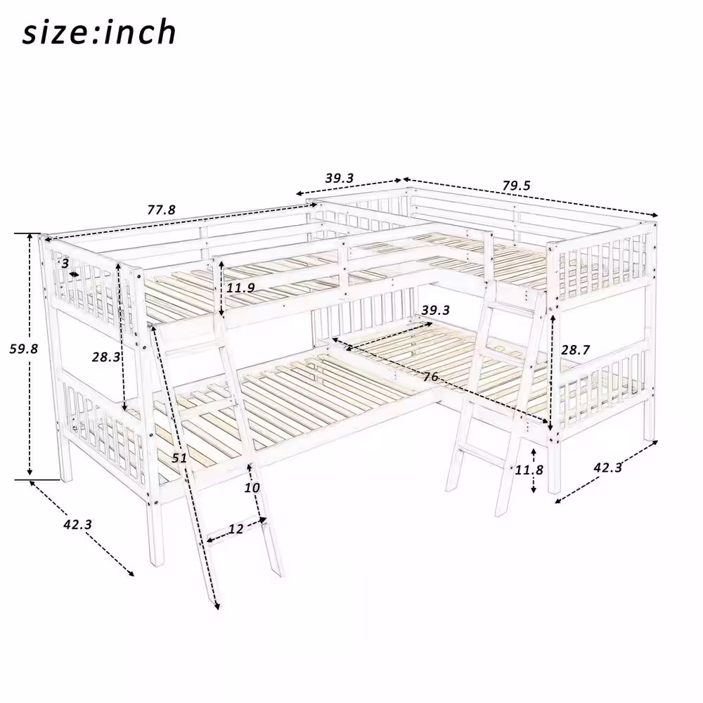 Harper & Bright Designs L-Shaped White Twin Size Adjustable Bunk Bed