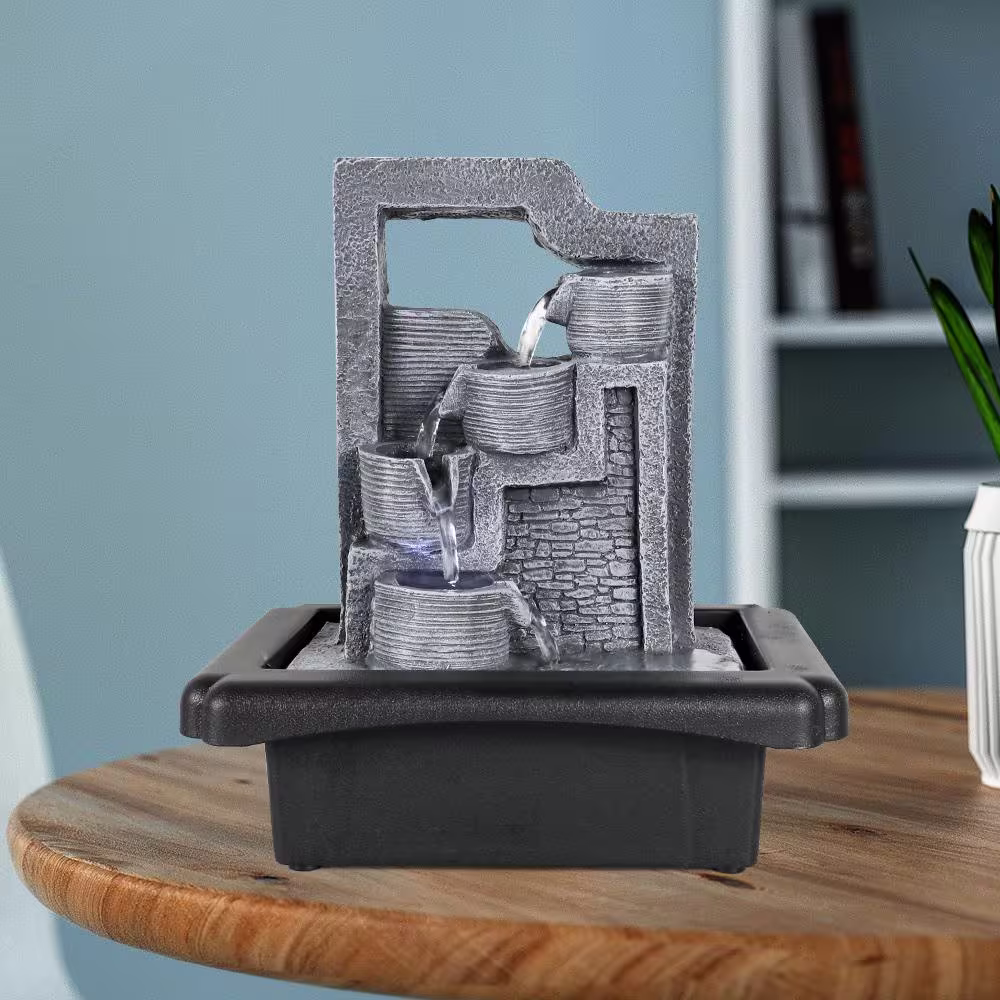 Watnature 10.6 in. Resin Indoor Water Fountain 5-Tiered Tabletop Fountains Designed with 4 Cascading Pots and LED Light