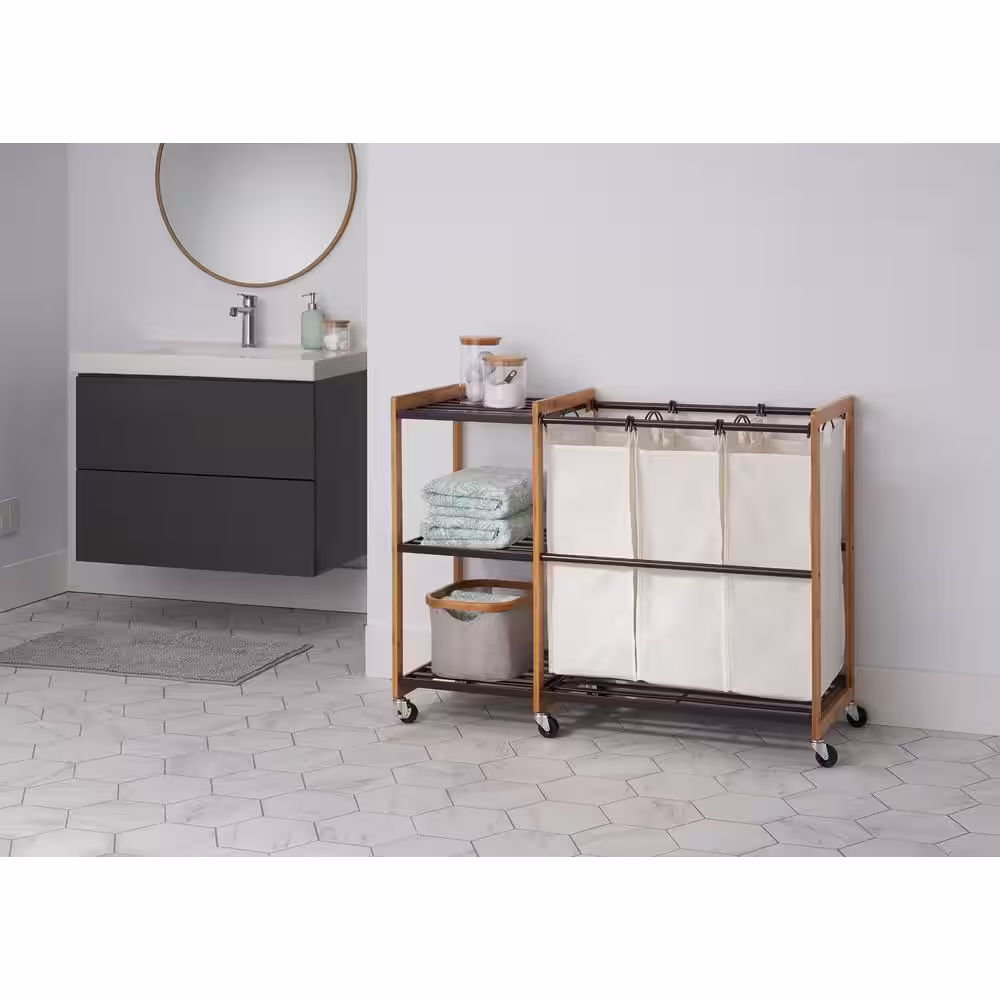 TRINITY EcoStorage Wheeled 3-Bag Bamboo Laundry Station in Bronze