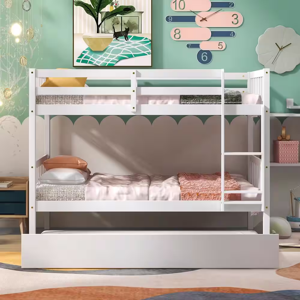 ANBAZAR White Solid Wood Twin Bunk Bed with Trundle, Convertible Kids Bunk Bed with Built-in Ladders and Safety Rail