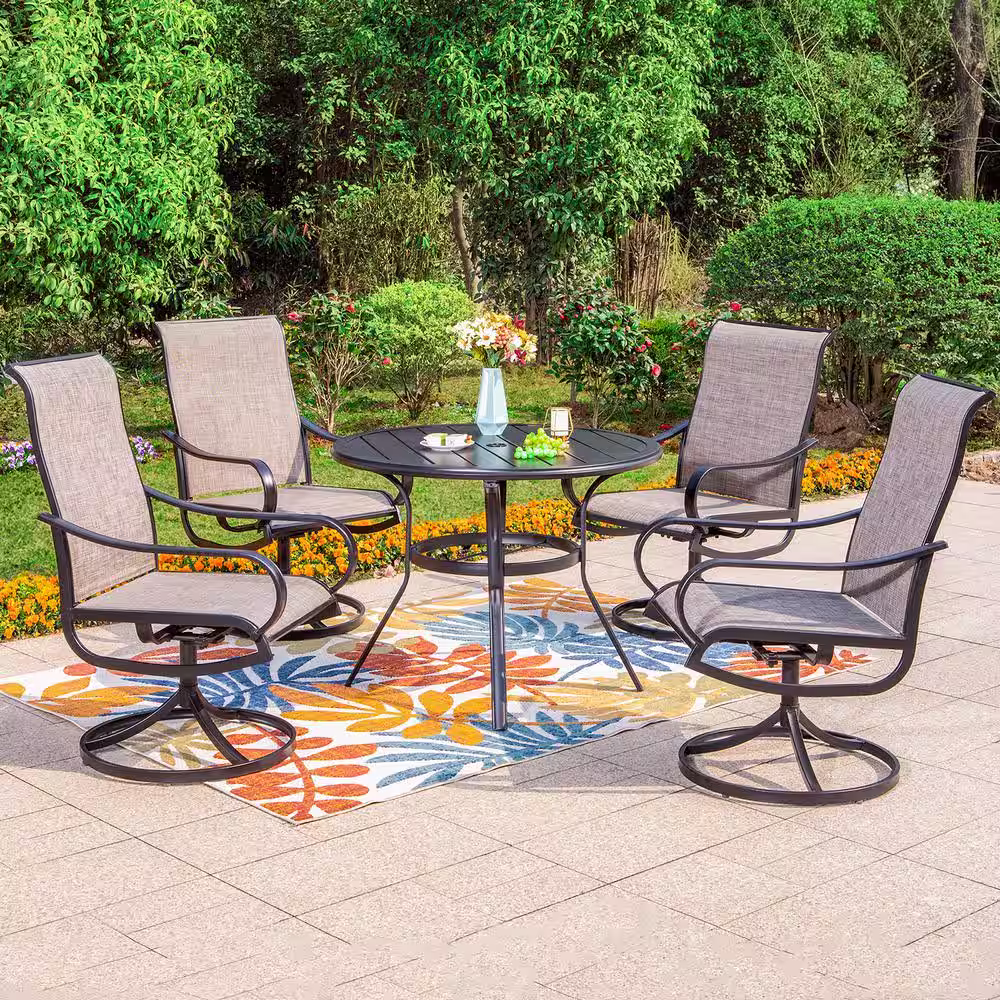 None Black 5-Piece Metal Round Outdoor Patio Dining Set with Slat Table and Textilene Swivel Chairs