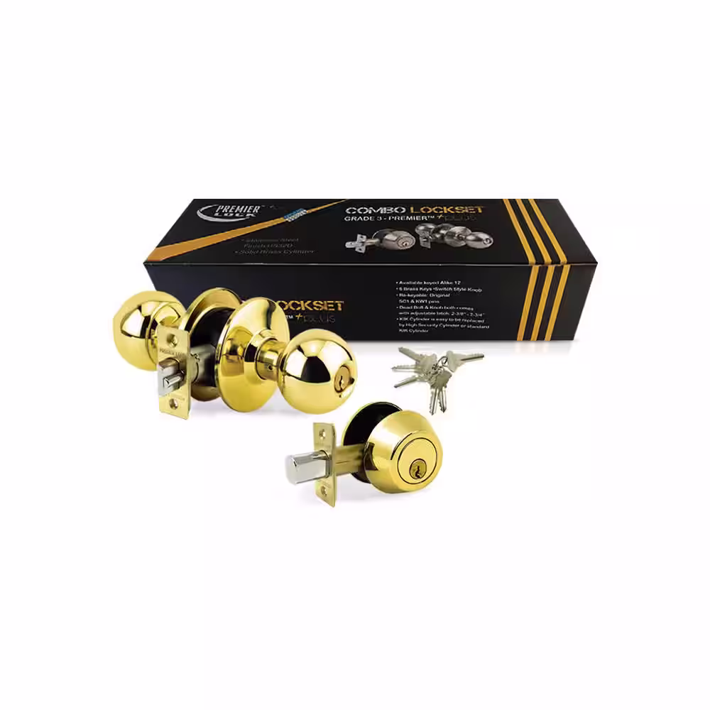 Premier Lock Brass Grade 3 Combo Lock Set with Entry Door Knob and Deadbolt, 18 SC1 Keys Total, (3-Pack, Keyed Alike)