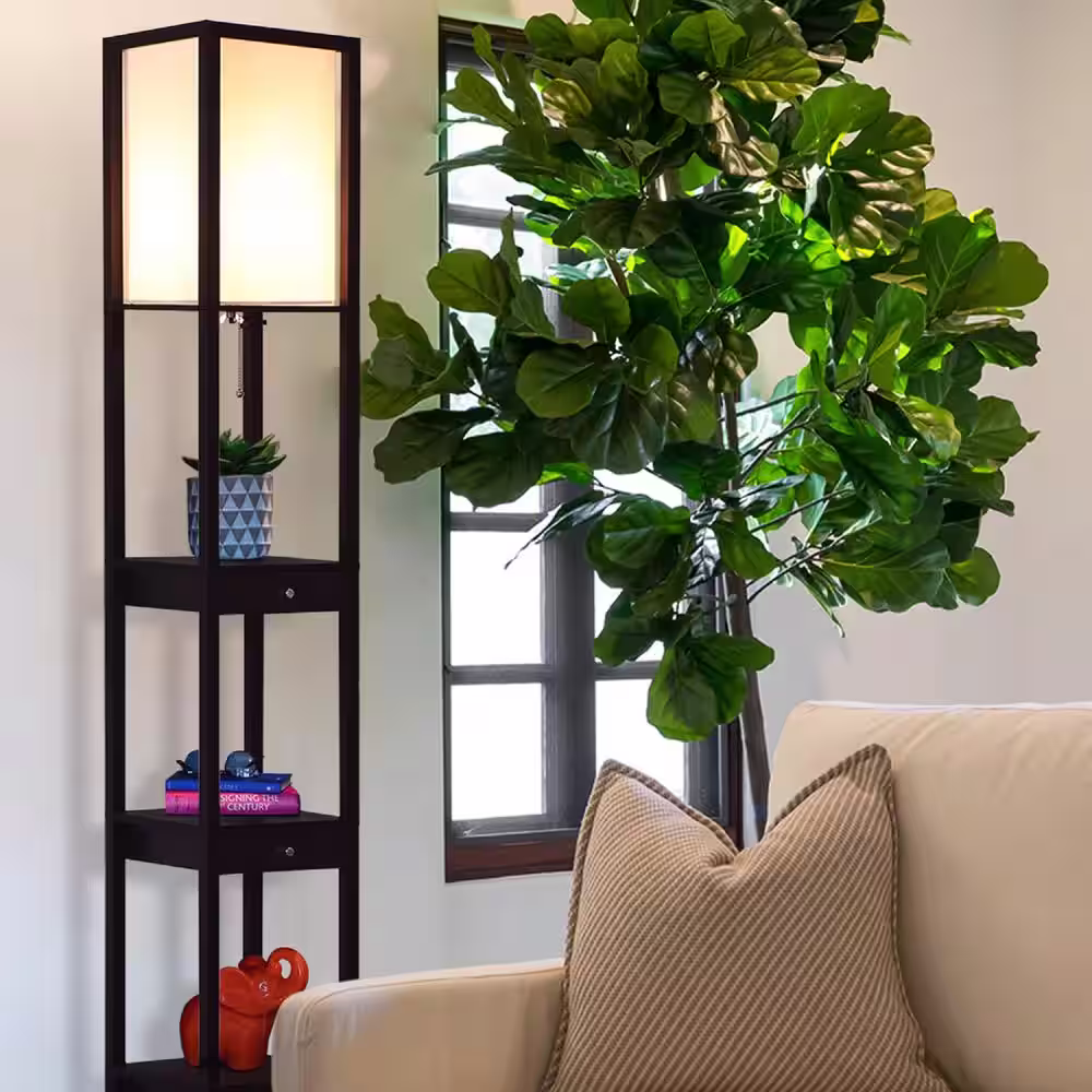 Brightech Maxwell 72 in. Black LED Skinny Shelf Column Floor Lamp with Drawers