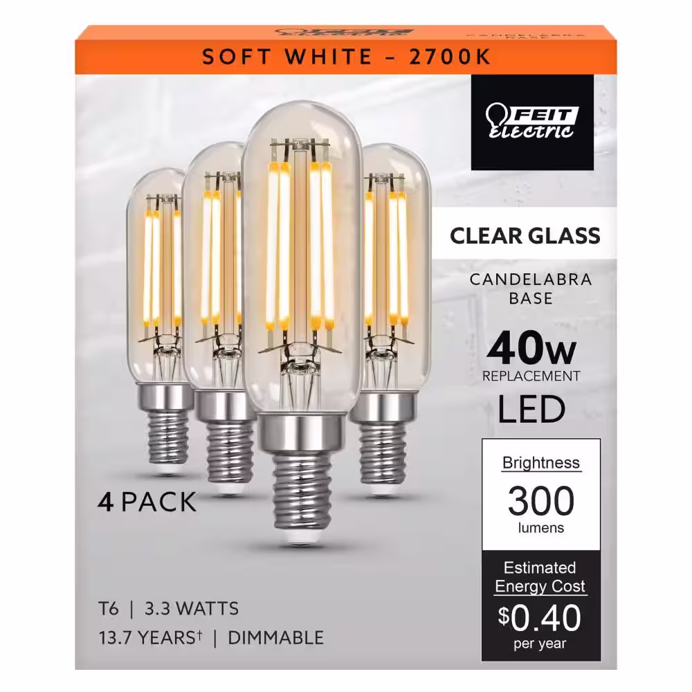 Feit Electric 40-Watt Equivalent T6 Dimmable Straight Filament Clear Glass E12 Candelabra Edison LED Light Bulb, Soft White (4-Pack)