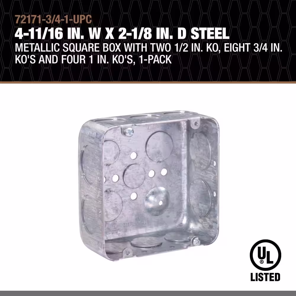 Southwire 4-11/16 in. W x 2-1/8 in. D Steel Metallic Square Box with Two 1/2 in. KO Eight 3/4 in. Ko and Four 1 in. Ko 1-Pack