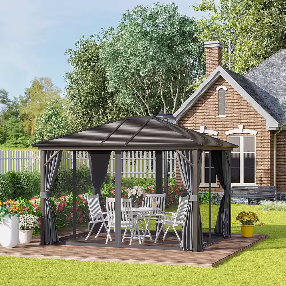 Outsunny 12 ft. x 10 ft. Outdoor Hardtop Canopy Patio Gazebo with Steel Roof, Aluminum Frame Grey
