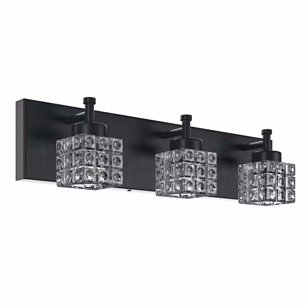 aiwen 19.7 in. 3-Light Dimmable Black Bathroom Vanity Light with Crystal Glass Shades