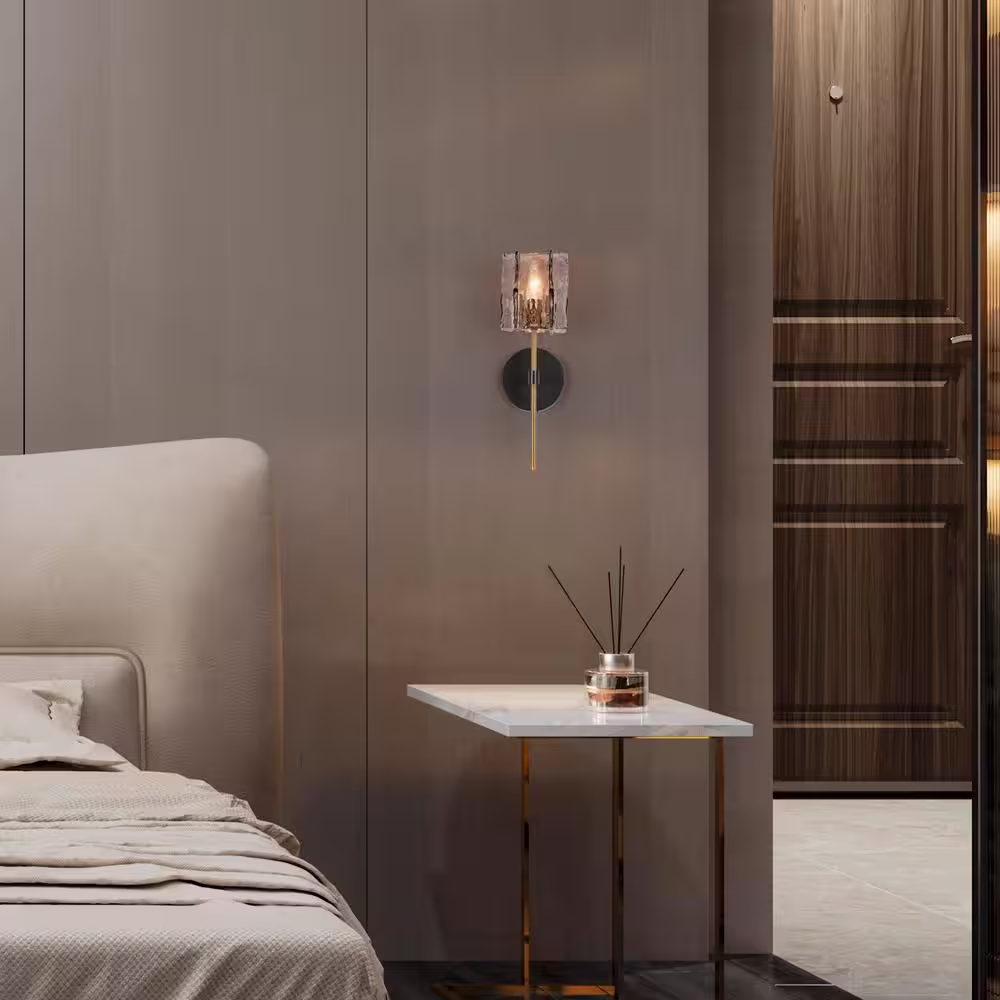 LNC Echonalyri Modern 1-Light Glam Matte Black and Plating Brass Wall Sconce with Geometric Textured Glass Shade
