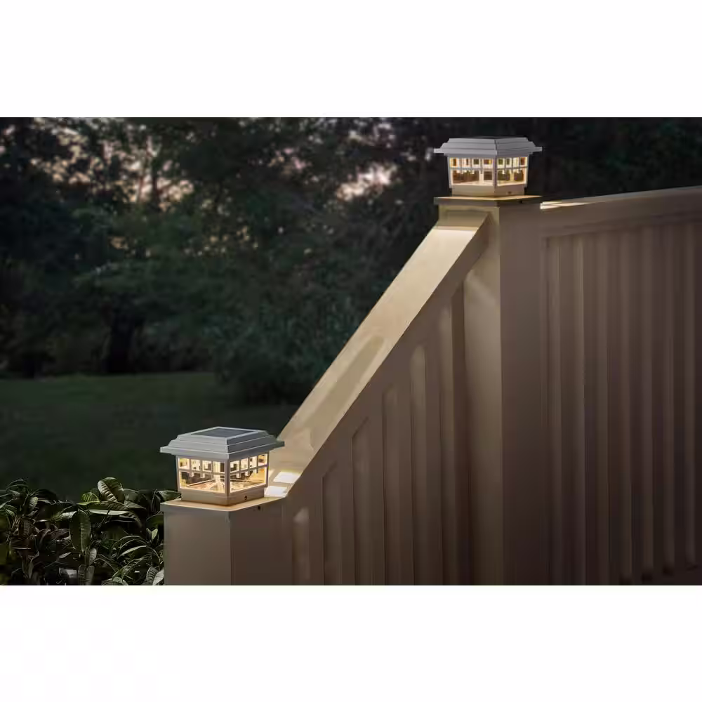 Hampton Bay 3.5 in. x 3.5 in. White Outdoor Solar Post Cap Light with a 5.5 in. x 5.5 in. Adaptor (2-Pack)