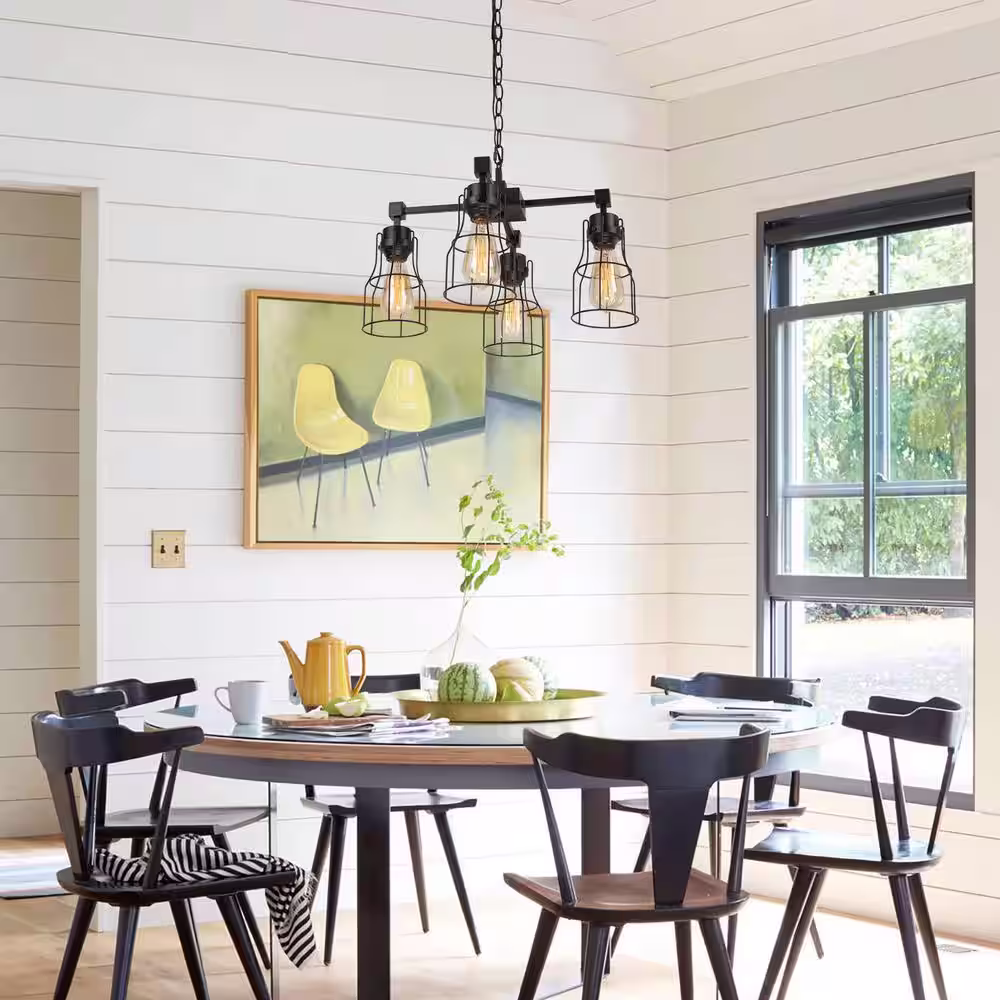 LNC Black Chandelier 4-Light Matte Black Tiered Modern Chandelier Kitchen Island Pendant Light Industrial Chandelier