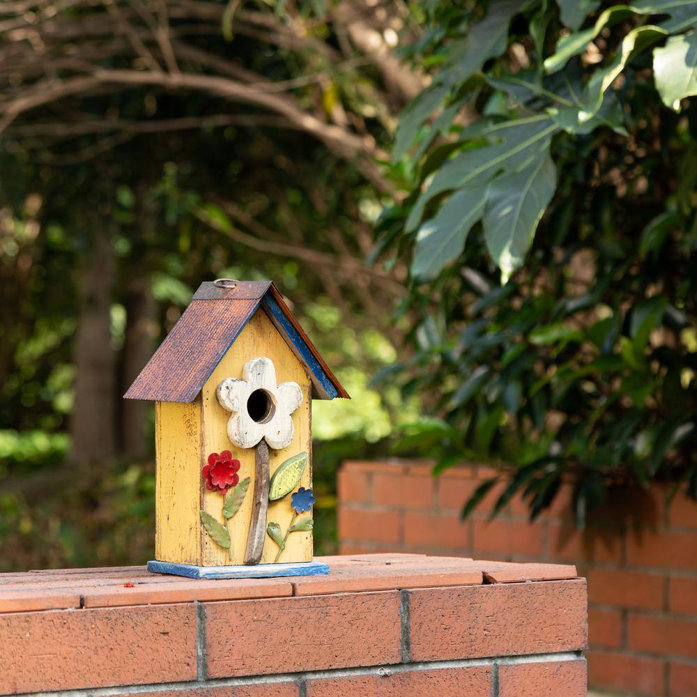Glitzhome 10.25 in. H Distressed Solid Wood Birdhouse with Flower