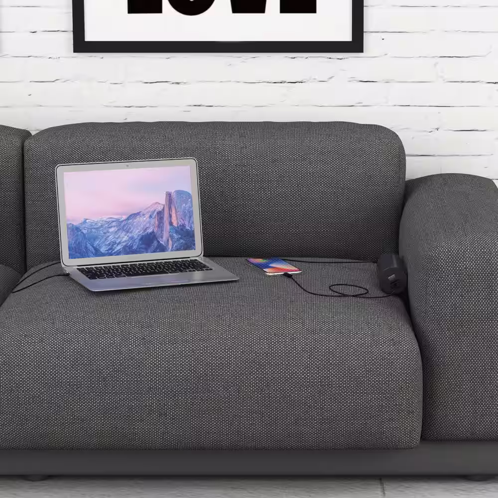 Link2Home 1-Outlet and 2-USB Ports 3.4 Amp Sofa Socket with 10 ft. Cord and Grounded Flat Plug in Dark Grey